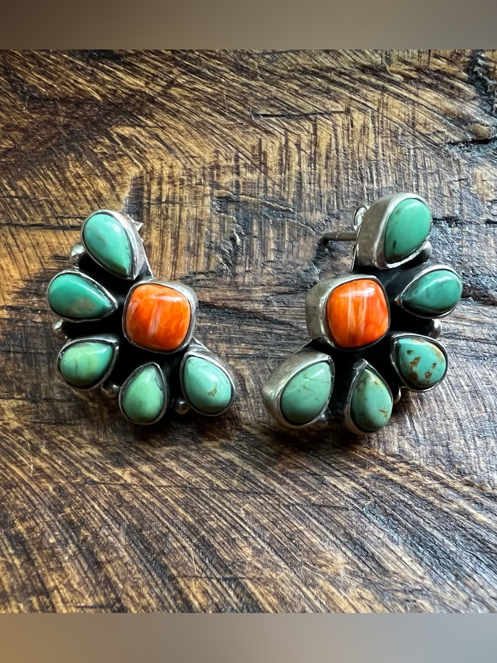 Kingman Turquoise & Spiny Oyster Half Cluster Earrings
